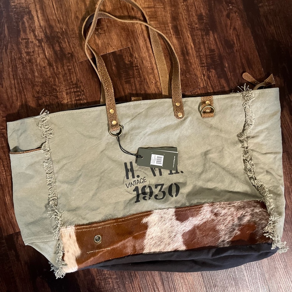 Myra Bag Viridescent Upcycled Canvas & Cowhide Weekender Bag S-1444